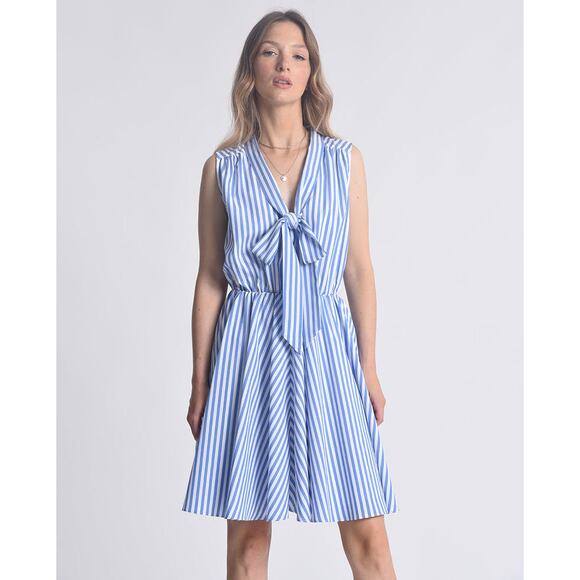 MOLLY BRACKEN Dress Size Small Stripes Nautical Fit and Flare Blue White Summer - Picture 1 of 12